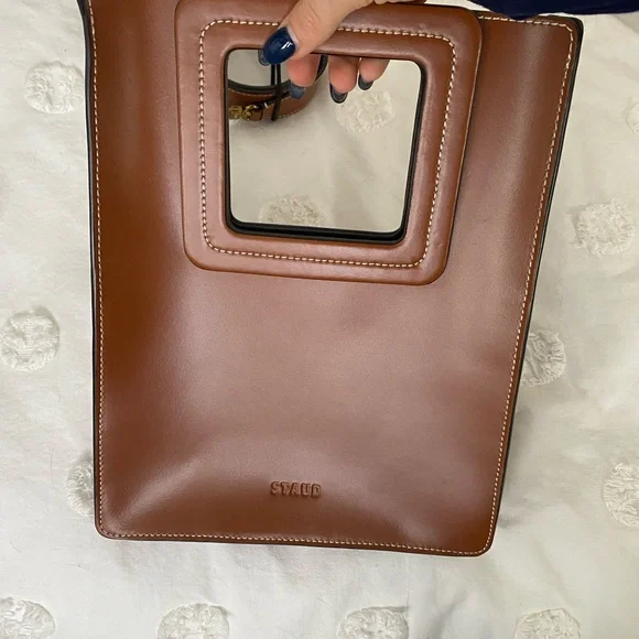 STAUD Tan Leather purse with Square Handle and crossbody strap - Picture 7 of 8